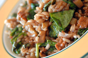 Risotto con tofu, espinacas y berenjenas