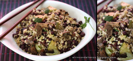 Ensalada caliente de bulgur y azukis, con gírgolas, alga arame y verduritas